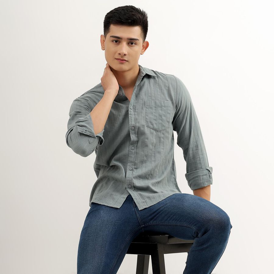Men's Muted Sage Green Cotton Regular Collar Casual Shirt, Mid Blue, large image number null