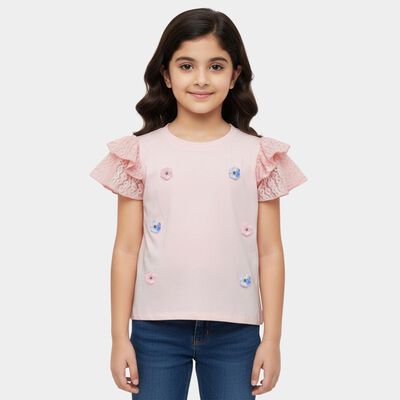 Girls Pink Cotton Round Neck Graphic Printed T-Shirt