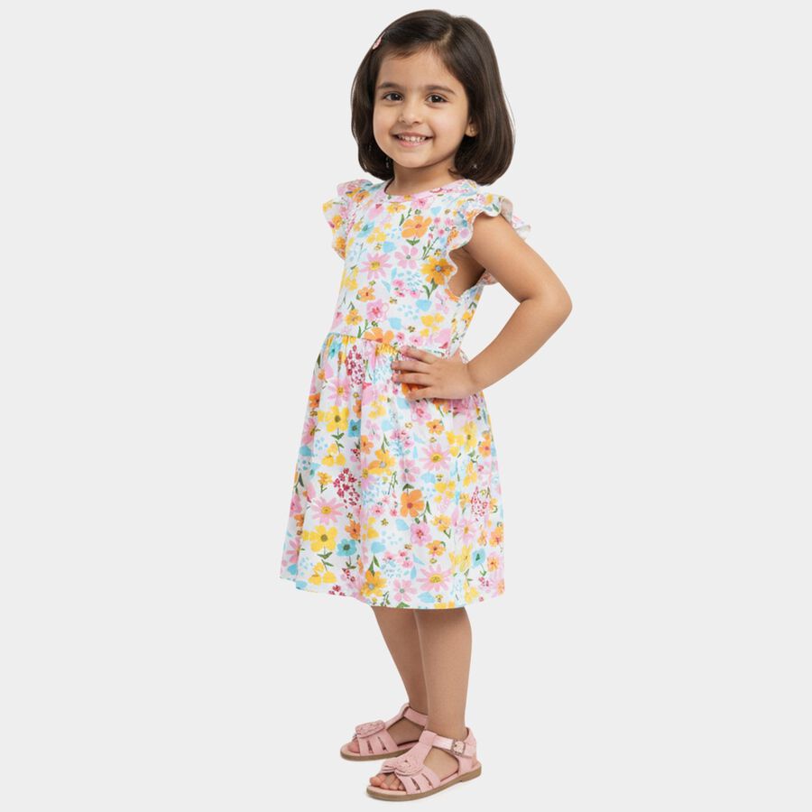 Girls' White Floral Printed Ruffled Frock, Off White, large