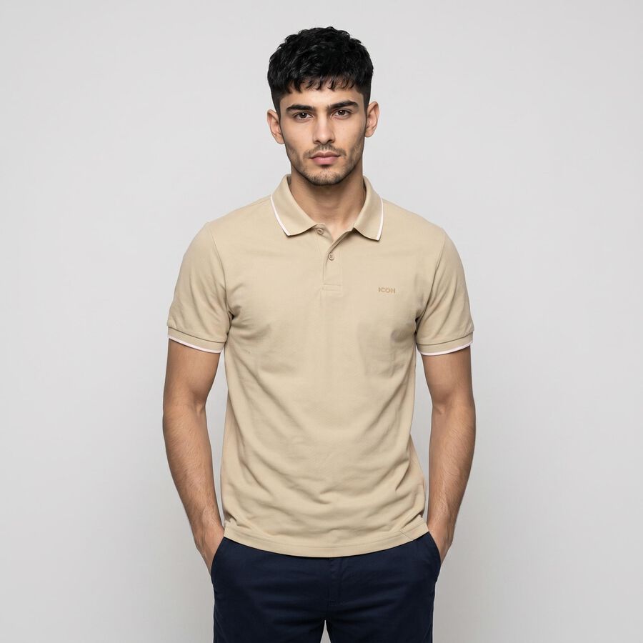 Men's Beige Polo Neck Polo T-Shirt, गहरा पीला, large