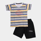 Boys White 100% Cotton Round Neck Striped Graphic Baba Suit, White, small