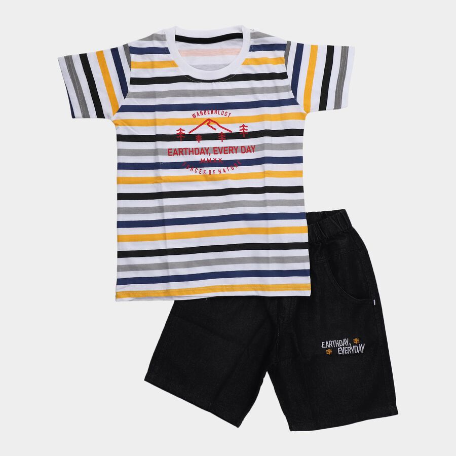 Boys White 100% Cotton Round Neck Striped Graphic Baba Suit, White, large