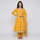 Women's Yellow Cotton Round Neck Mirror Embellished Flared Ethnic Set, पीला, small