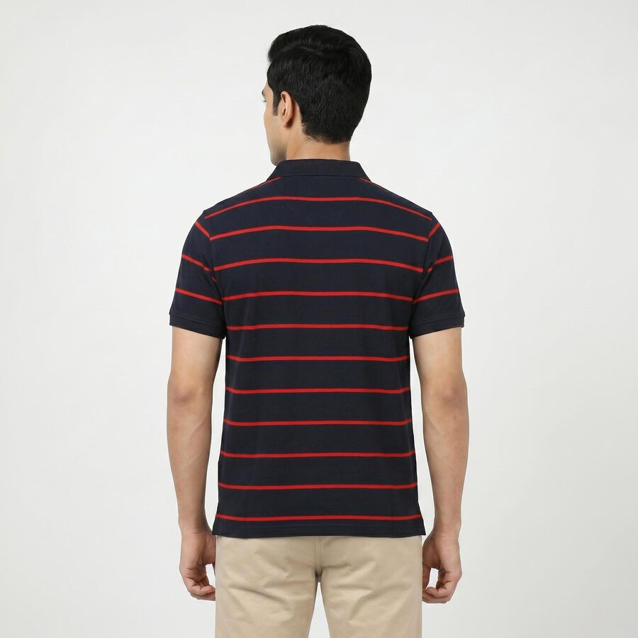 Men's Navy Blue Polo Neck Striped T-Shirt, नेवी ब्लू, large