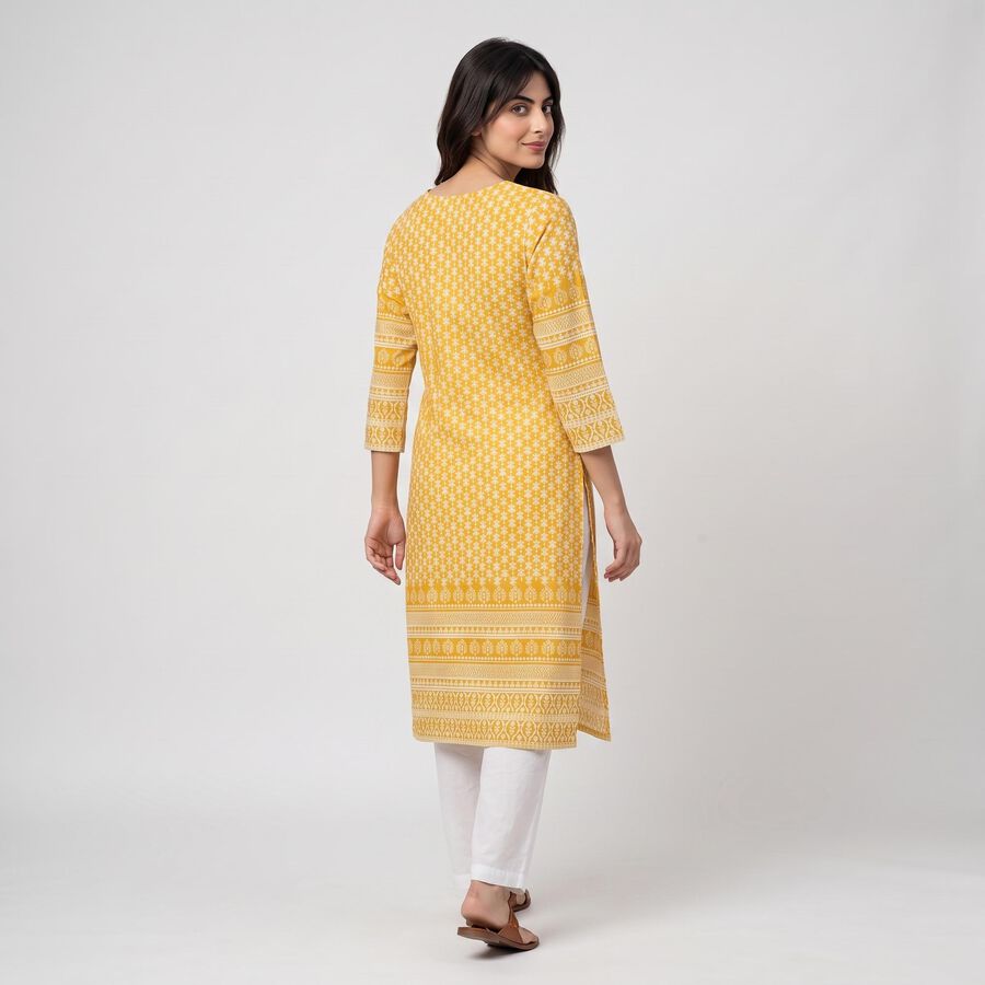 Women's Mustard Round Neck Printed Straight Kurta, Mustard, large
