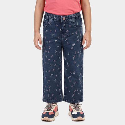 Girls' Navy Blue Straight Fit Printed Jeans