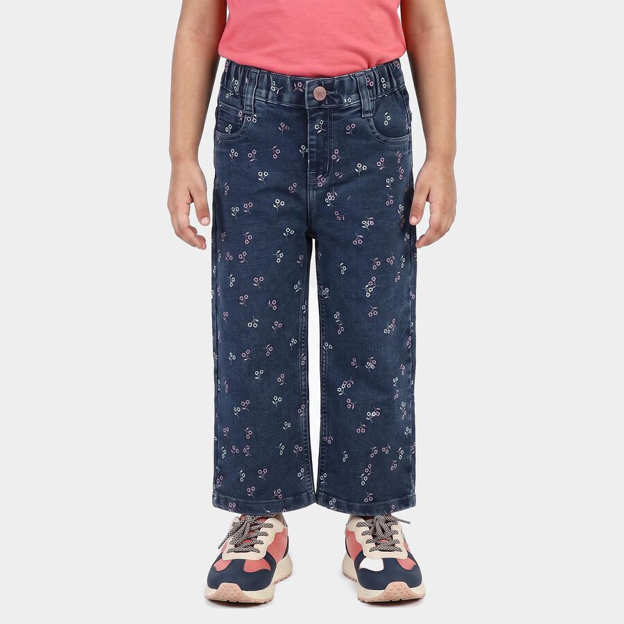Girls' Navy Blue Straight Fit Printed Jeans, मध्यम नीला, large