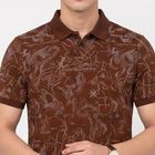 Men's Brown Cotton Polo Neck Printed T-Shirt, भूरा, small