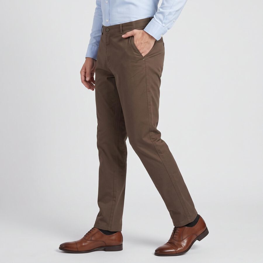 Men's Brown Slim Fit Flat-Front Trousers, Brown, large