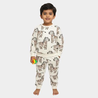 Boys' Off White Round Neck Zebra Printed Baba Suit