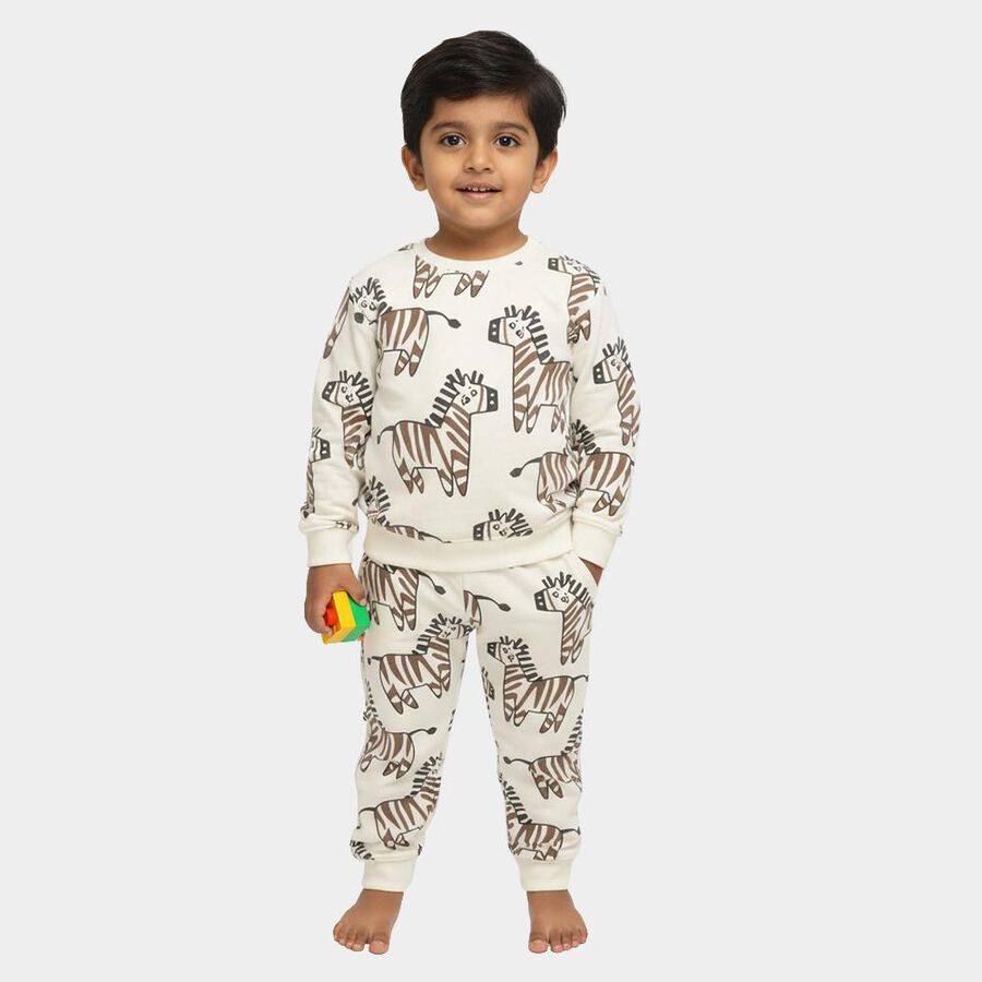 Boys' Off White Round Neck Zebra Printed Baba Suit, Off White, large image number null