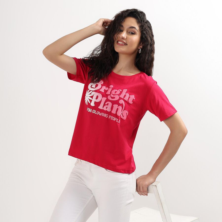Ladies' 100% Cotton Round Neck T-Shirt , Fuchsia, large