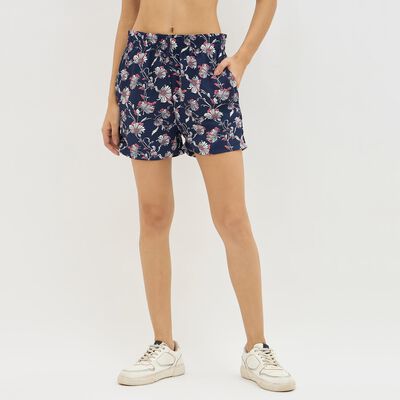 Women's Dark Navy Floral Printed Relaxed Fit Shorts