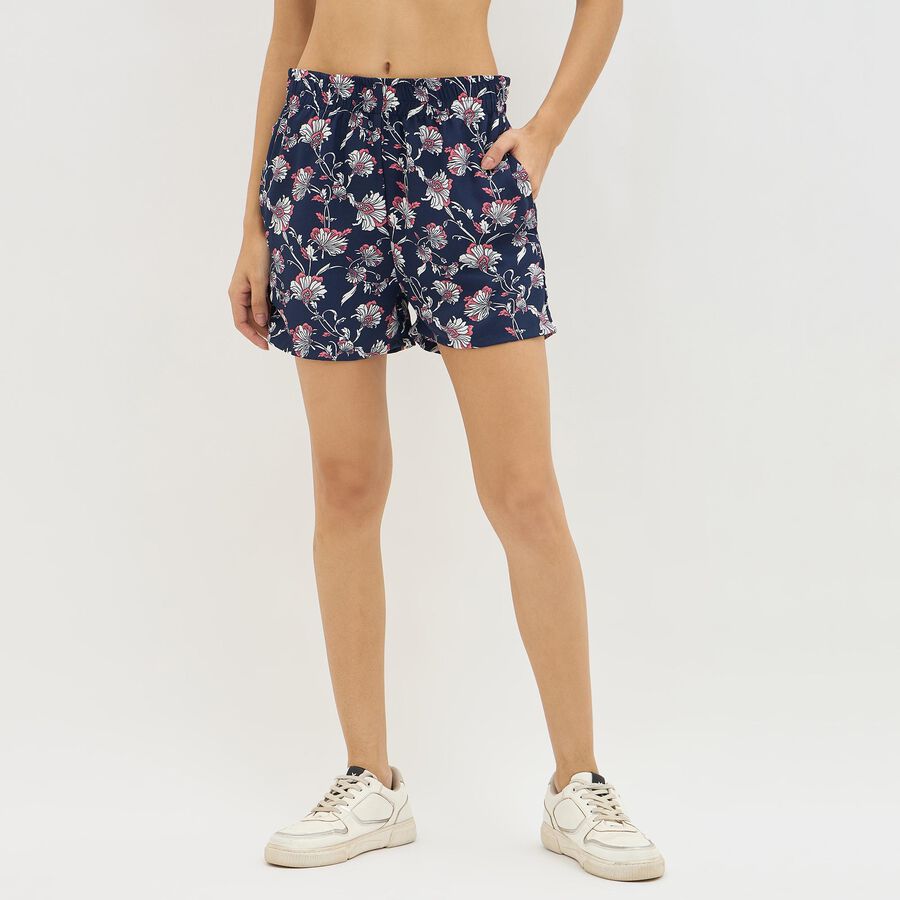 Women's Dark Navy Floral Printed Relaxed Fit Shorts, नेवी ब्लू, large image number null