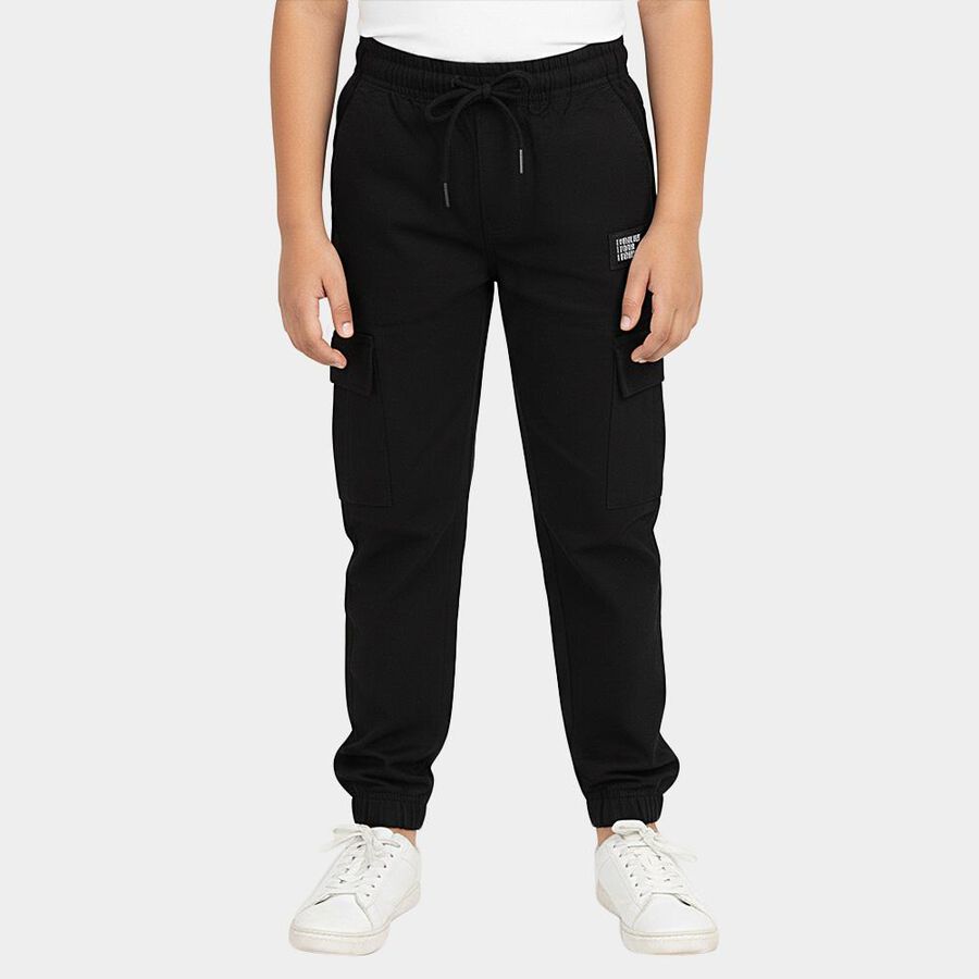 Boys Jet Black Regular Fit Cargo Trousers, काला, large image number null