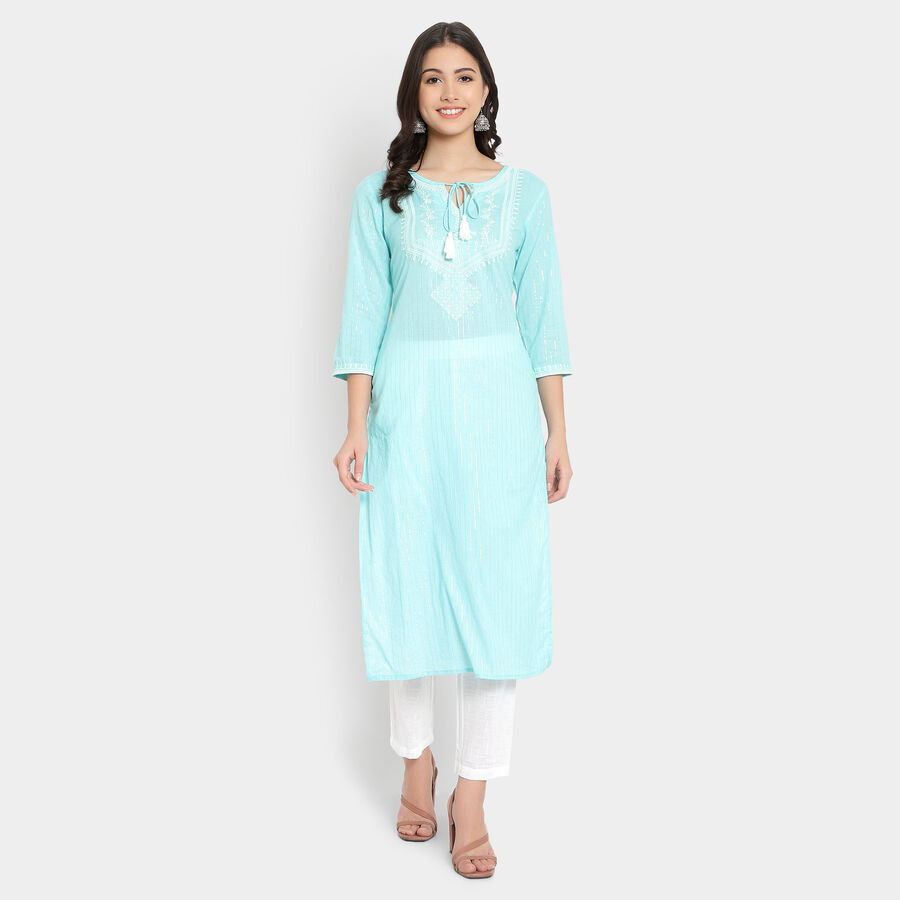 Cotton 3/4Th Sleeves Straight Kurta, Light Blue, large image number null