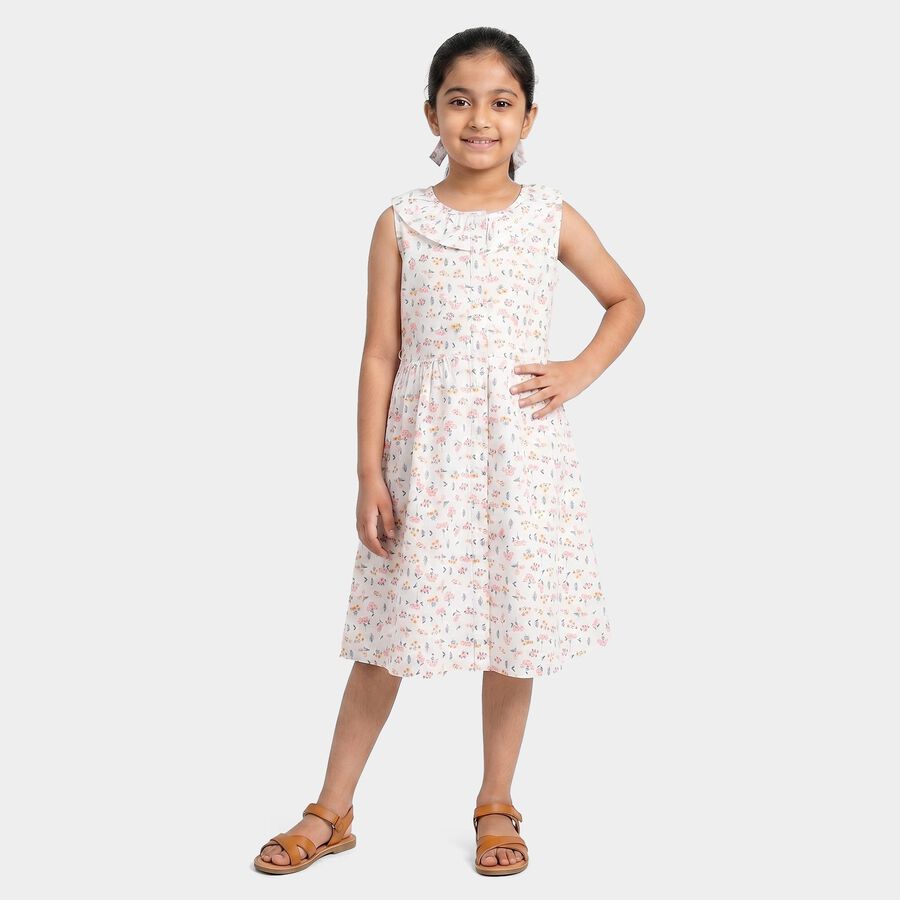 Girls White Floral Printed Fit and Flare Frock, ऑफ व्हाइट, large