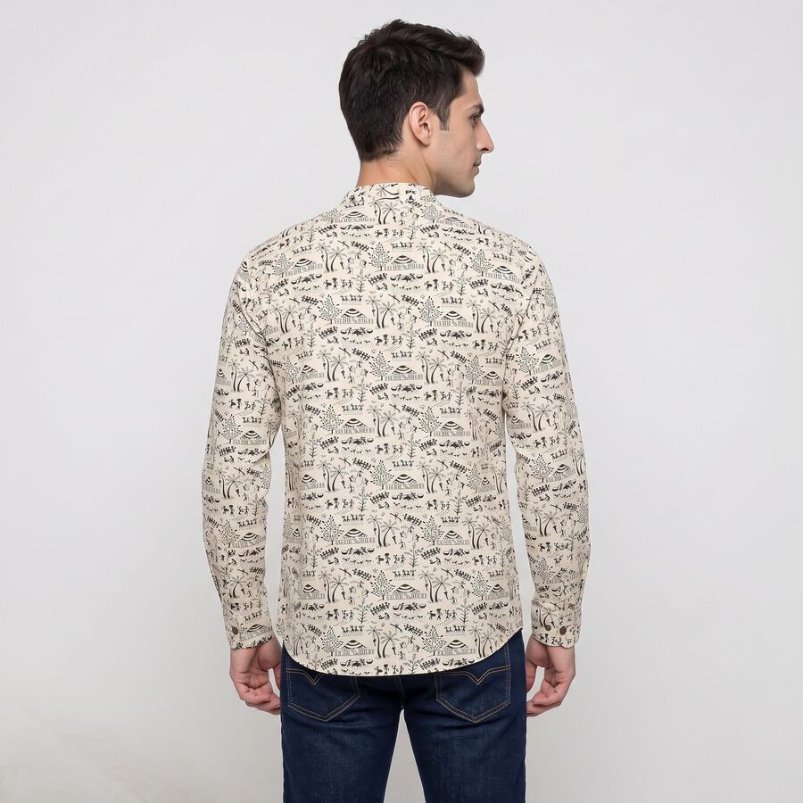 Men's Beige Cotton Mandarin Collar Printed Kurta, गहरा पीला, large