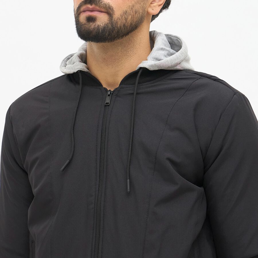 Men's Jet Black Hooded Casual Jacket, काला, large image number null