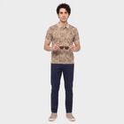 Men Beige Cotton Polo Neck Abstract Printed T-Shirt, Beige, small