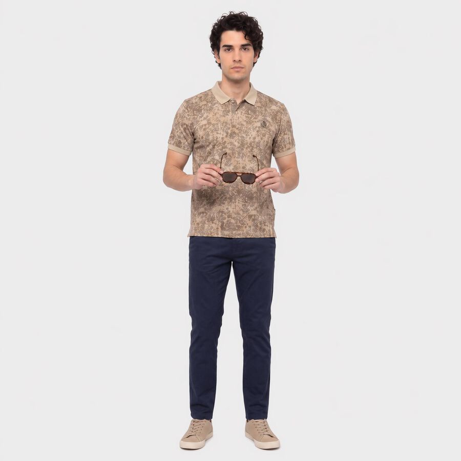 Men Beige Cotton Polo Neck Abstract Printed T-Shirt, Beige, large