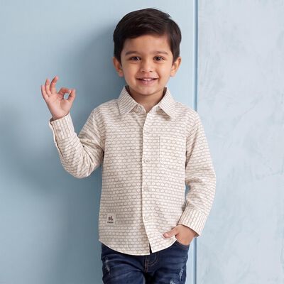 Boys Cream Cotton Long Sleeve Collar Shirt