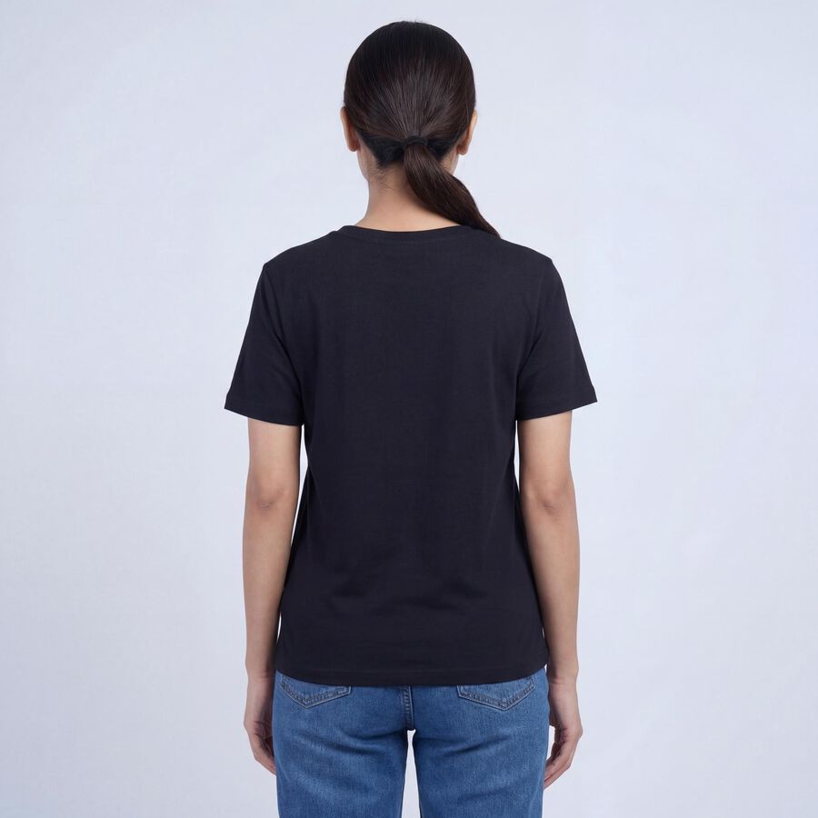 Women's Black Cotton Round Neck Casual T-Shirt, काला, large