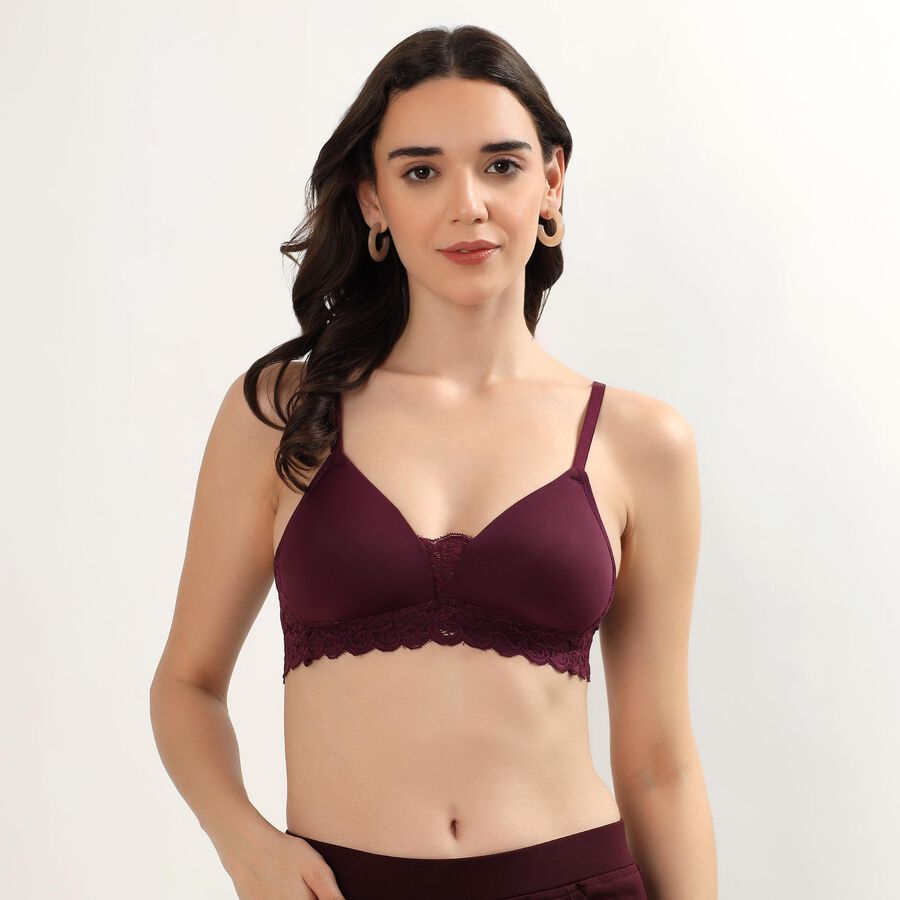 Women's Deep Maroon Padded V-Neck Classic Bra, वाइन, large