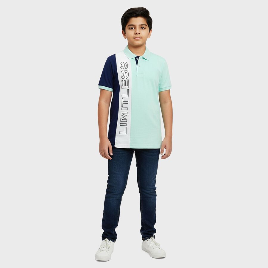 Boys Mint Green Cotton Polo Neck Graphic T-Shirt, Light Green, large