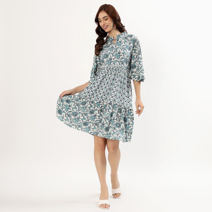 Women's Teal Floral Ruffled Neck Bohemian Dress, ऑफ व्हाइट, large image number null