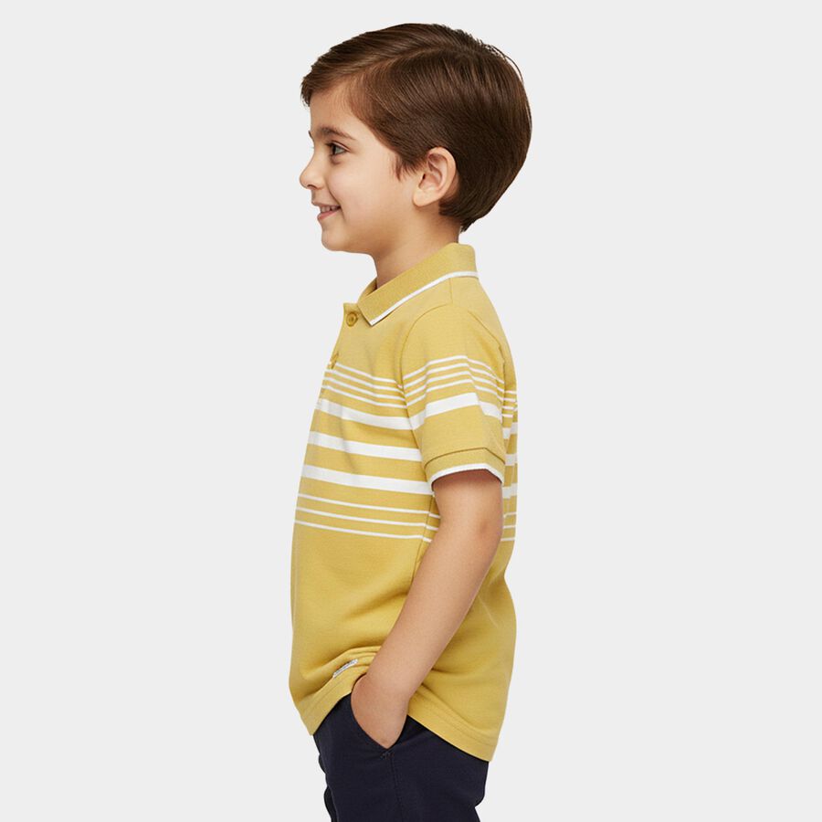 Boys' Mustard Cotton Polo Neck Striped T-Shirt, Mustard, large