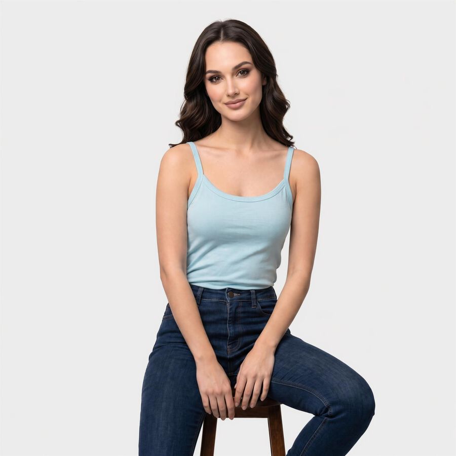 Women's Light Blue Cotton Scoop Neck Camisole Slip, Light Blue, large