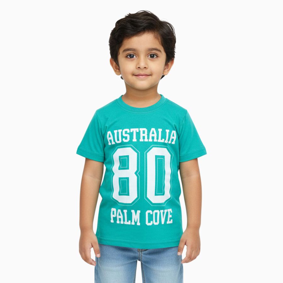 Boys Teal Green Crew Neck Casual T-Shirt, Dark Green, large