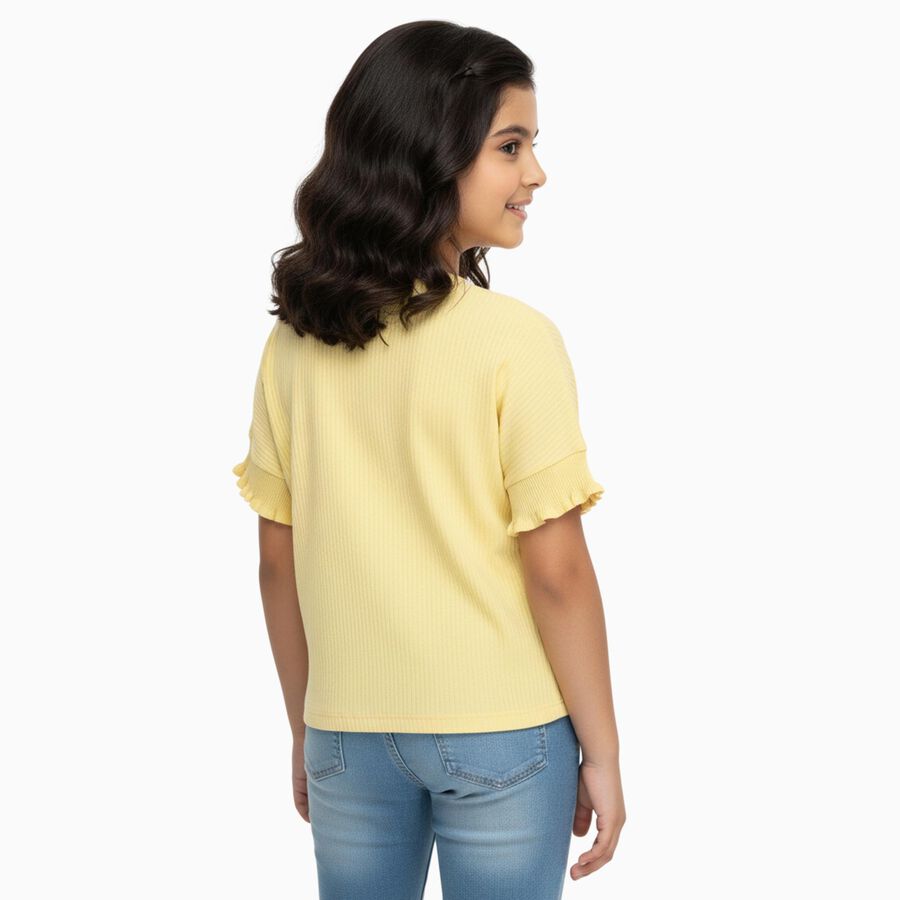Girls Light Yellow Cotton Round Neck Casual T-Shirt, Yellow, large image number null