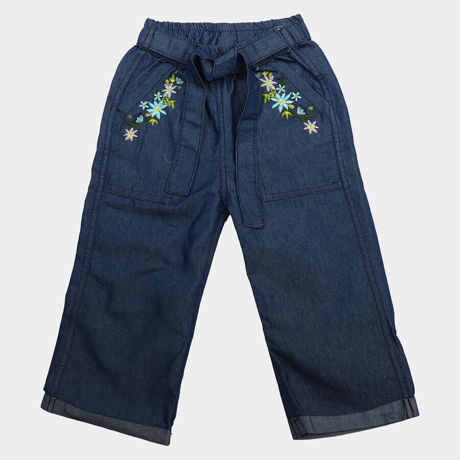 Girls Blue Wide Leg Embroidered Jeans, गहरा नीला, large