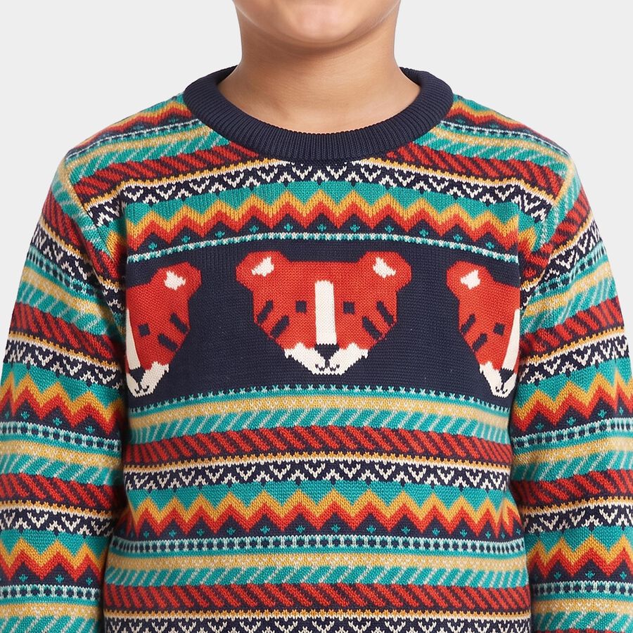 Boys' Navy Blue Crew Neck Printed Pullover, नेवी ब्लू, large