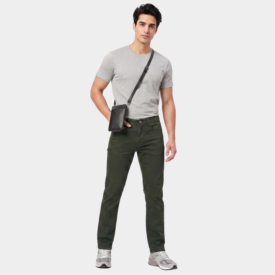 Men's Olive Green Slim Fit Solid Jeans, ओलिव, large