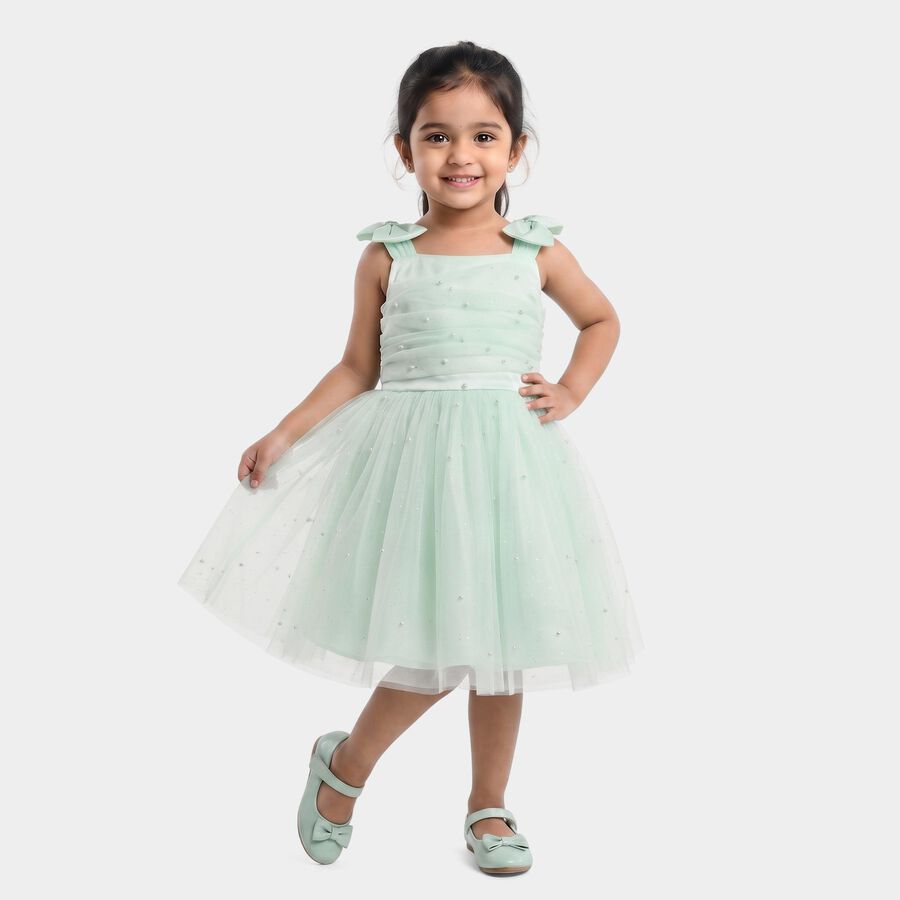 Girls' Mint Green Fit and Flare Pearl Embellished Tulle Frock, Light Green, large