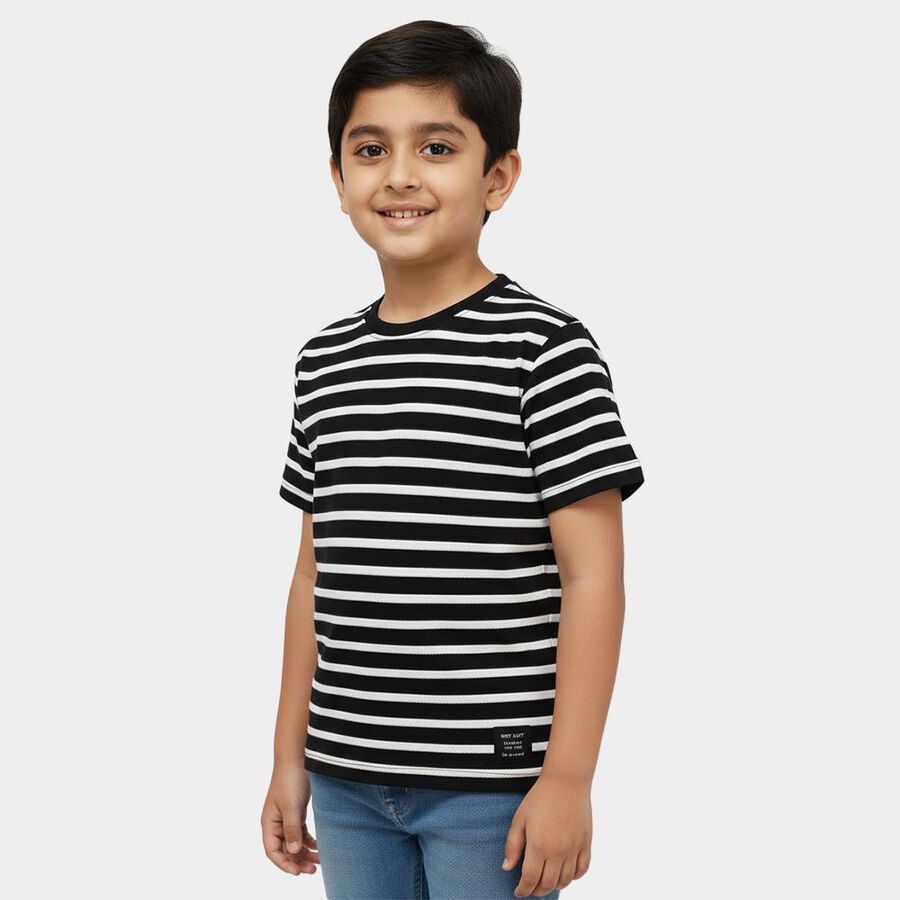 Boys Black Round Neck Casual T-Shirt, काला, large