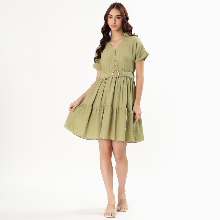 Women's Olive Green V-Neck Casual Dress, हल्का हरा, large image number null