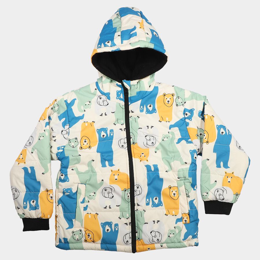 Boys Cream Hooded Puffer Jacket, ऑफ व्हाइट, large
