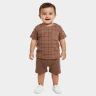 Infants' Beige 100% Cotton Round Neck Checked Baba Suit, Beige, small