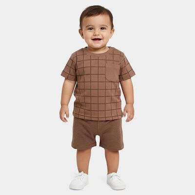 Infants' Beige 100% Cotton Round Neck Checked Baba Suit