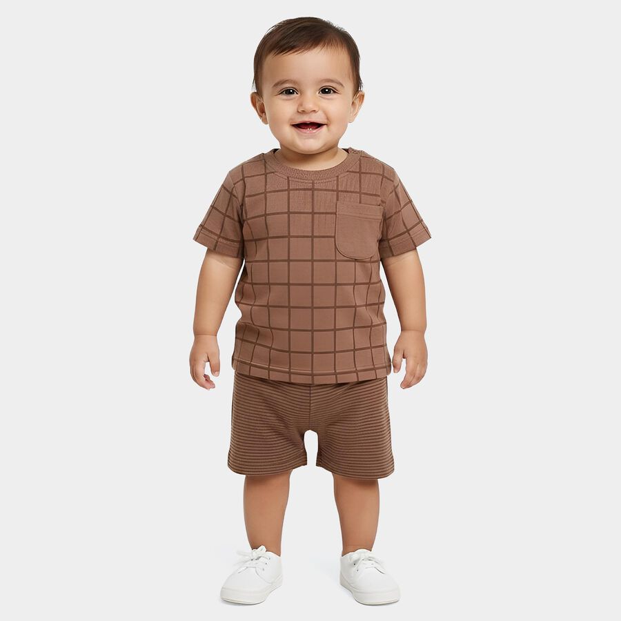 Infants' Beige 100% Cotton Round Neck Checked Baba Suit, Beige, large