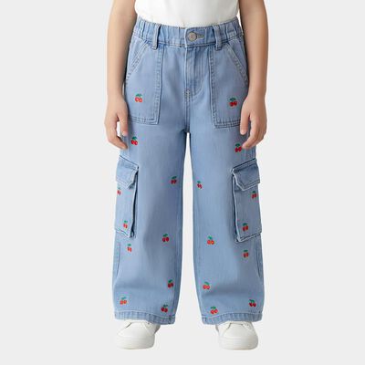 Girls' Light Blue Wide Leg Embroidered Cargo Jeans