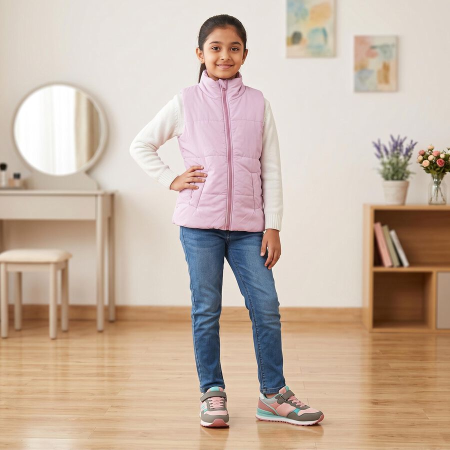 Girls' Lilac Stand Collar Puffer Jacket, Lilac, large