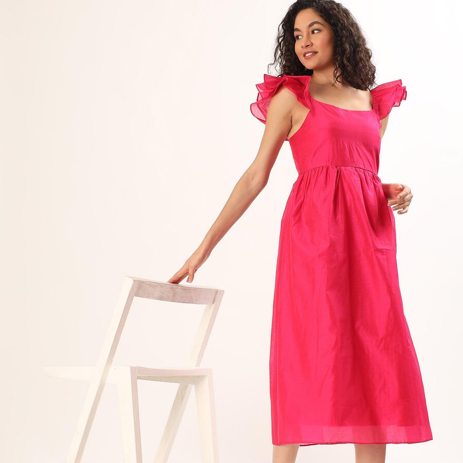 Women's Bright Pink Sleeveless Ruffle Midi Dress, Pink, large