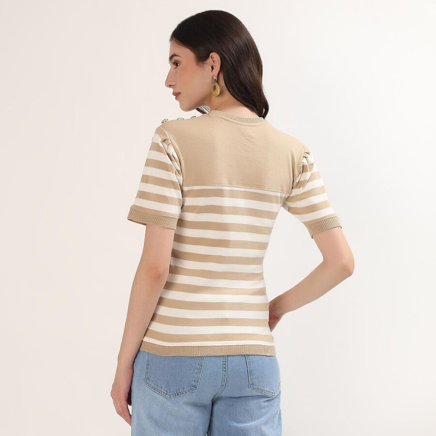 Women's Beige 100% Cotton V-Neck Minimalist Top, Beige, large