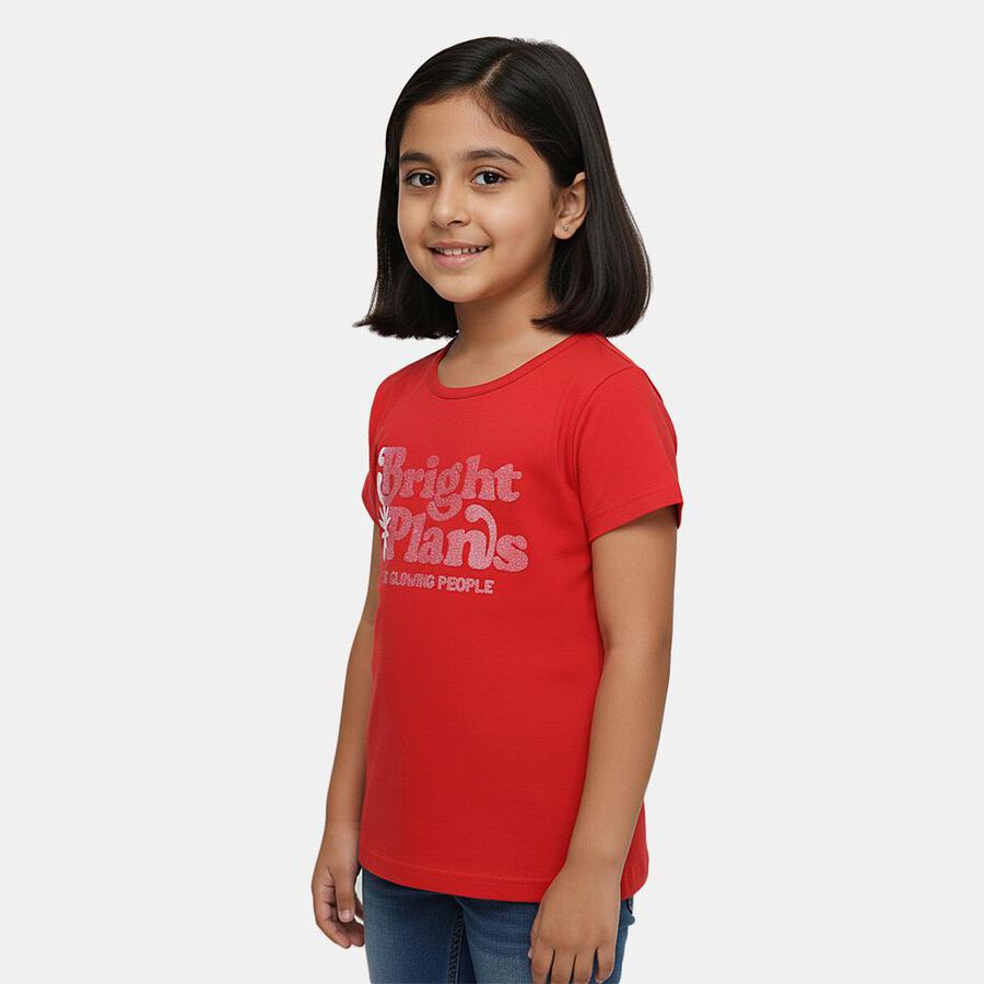 Girls' Fuchsia Cotton Round Neck Graphic Printed T-Shirt, रानी (फ्यूशिया), large