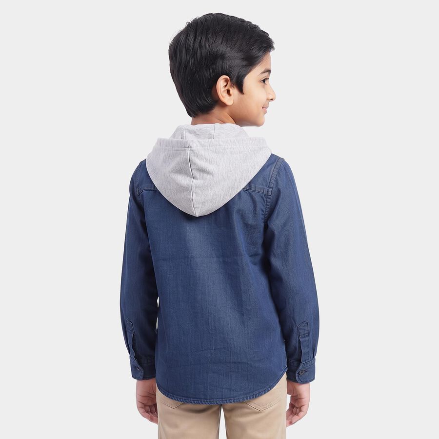 Boys Navy Blue Hooded Casual Shirt, Mid Blue, large